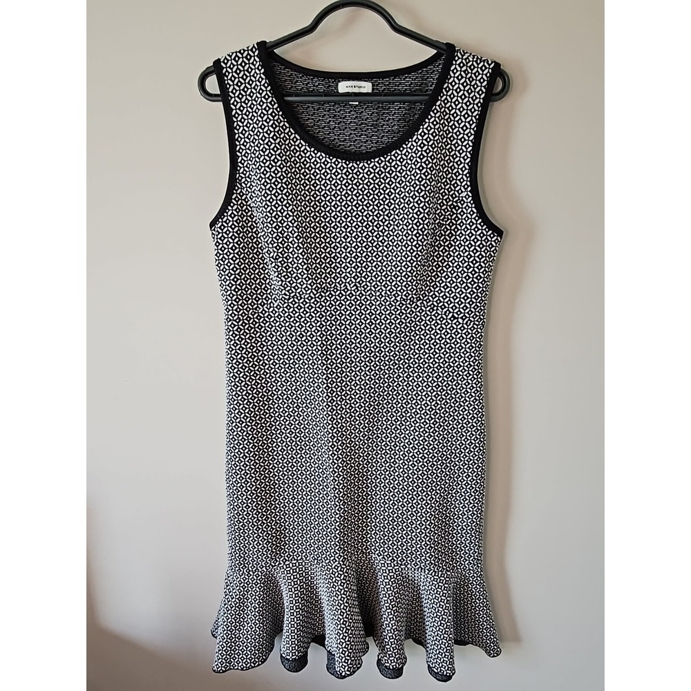 Max Studio Dress Women L Black White Geometric Mod Capsule Basic Ruffle Textured